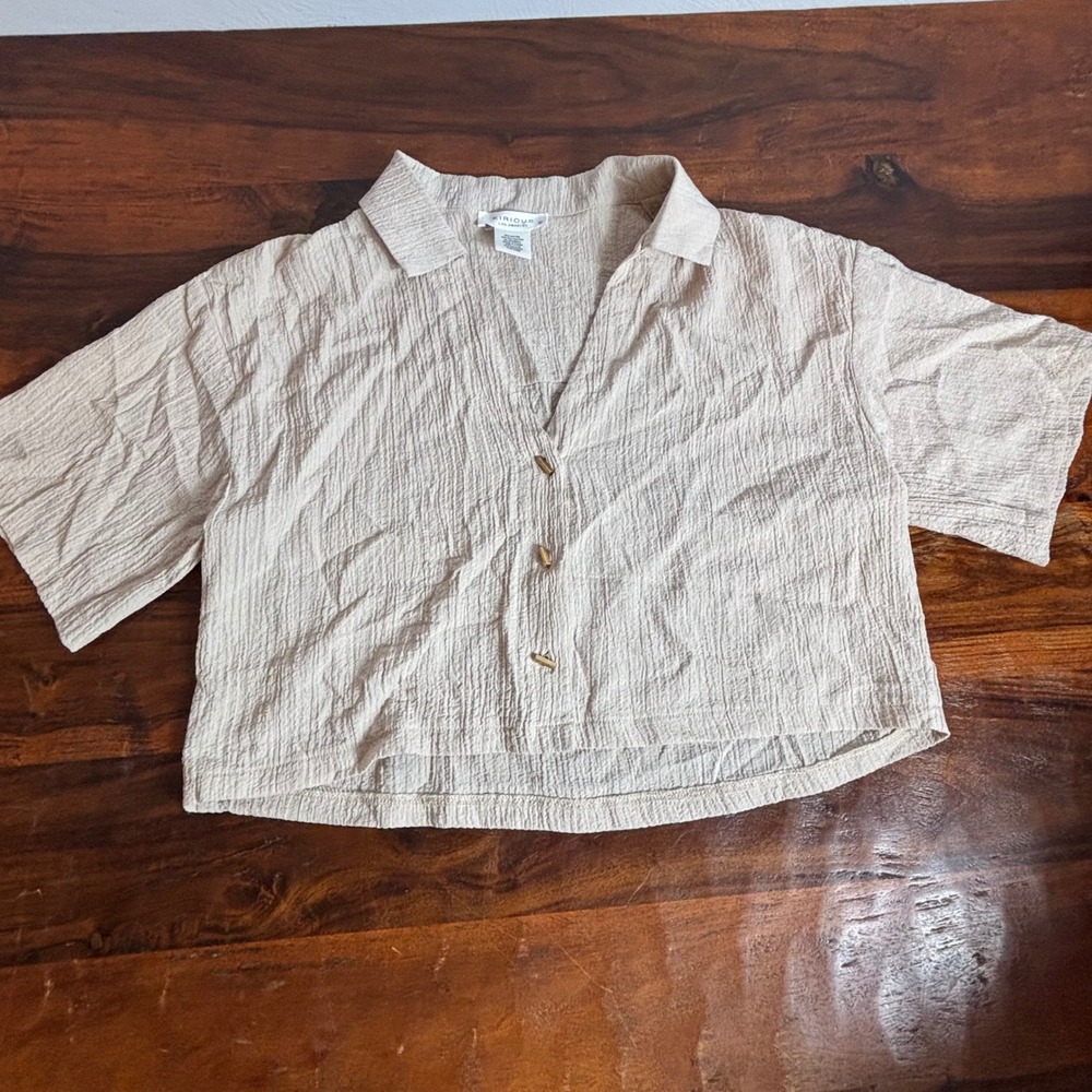 Kirious Los Angeles Beige Crinkle Textured Boxy Cropped Short Sleeve Shirt S